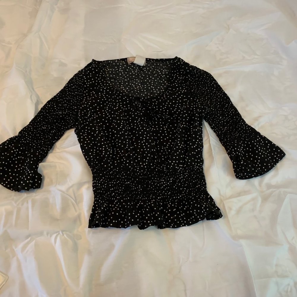 Luna Chix Black and White Polka Dot Cropped Blouse with Smocking Size XS